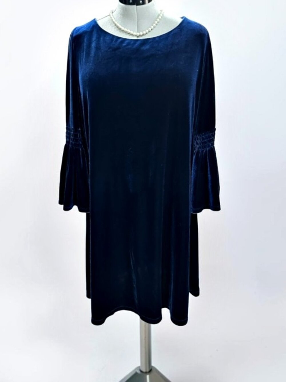 Lane Bryant 18/20 Rich Blue Velvet Shift Dress Smocked Bell Sleeve Holiday Party